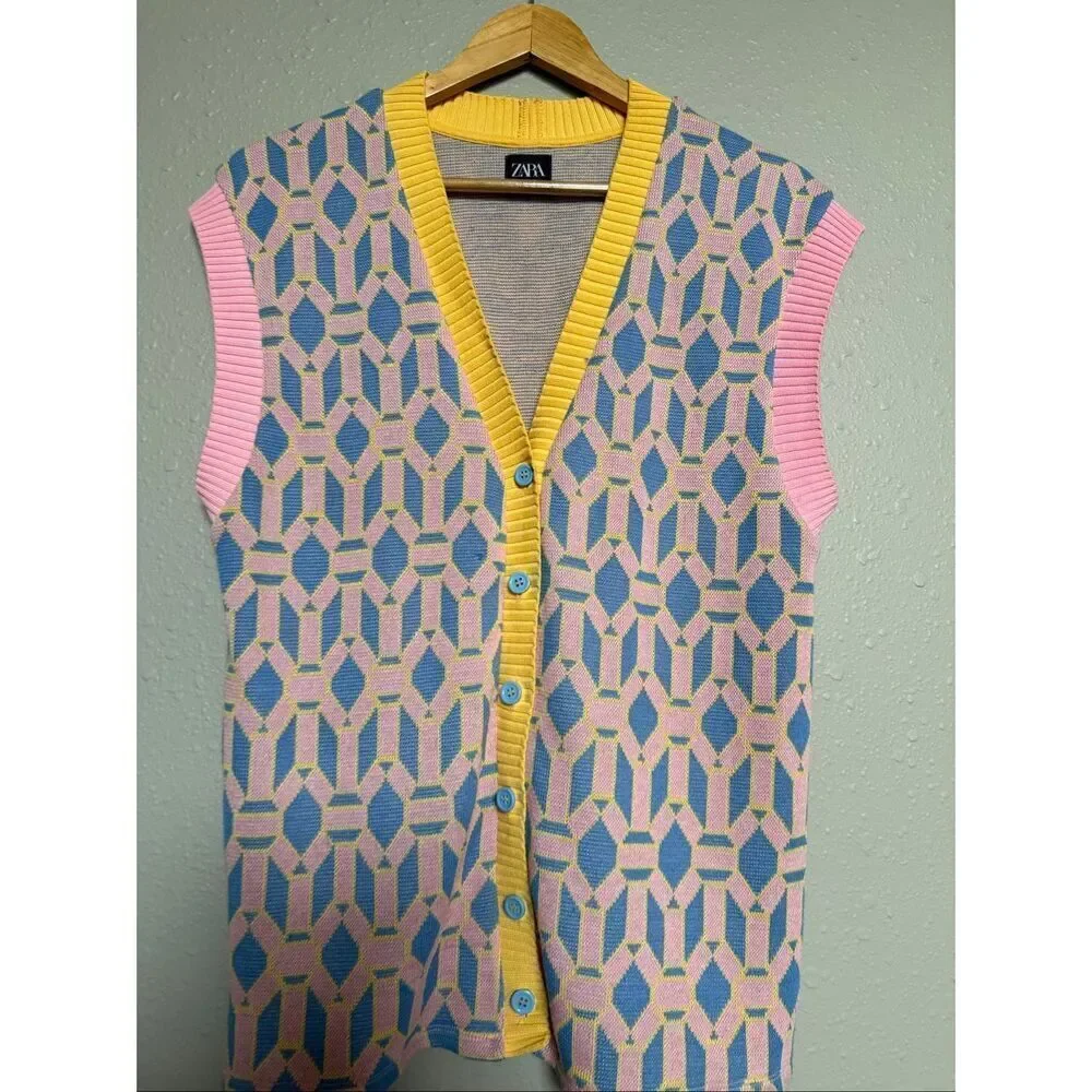 Zara Colorful Geometric Knit Button Sweater Vest Women Small